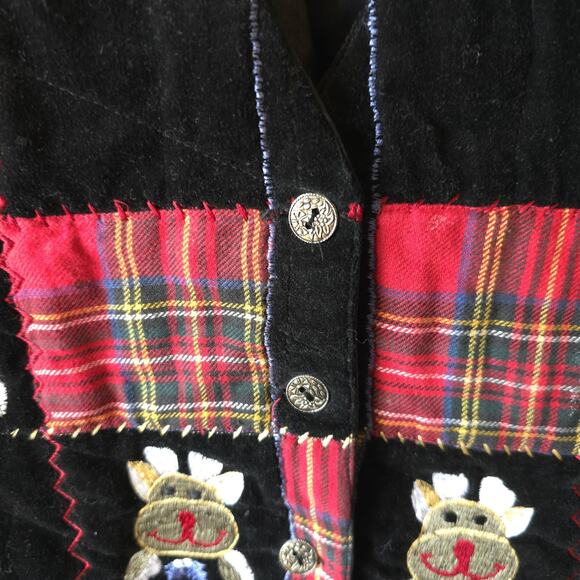 Tantrums Women’s Vest Size M Christmas Reindeer Patchwork Plaid Embroidered - Picture 2 of 7